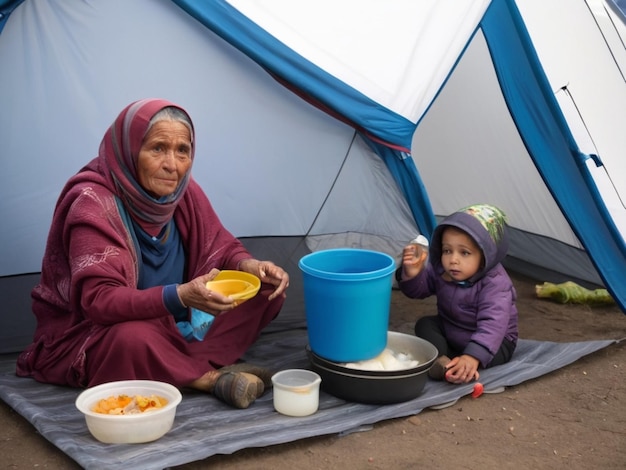 een vrouw en een kind buiten een tent met voedsel