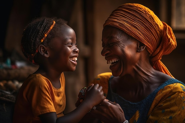 Een vrouw en een kind glimlachen en lachen samen.