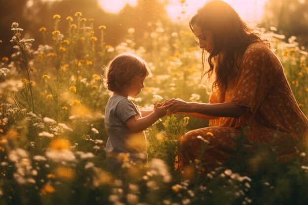 Een vrouw en een kind in een bloemenveld Generatief AI-beeld