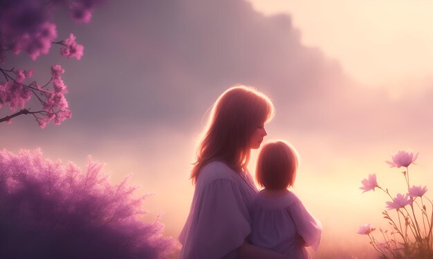 Een vrouw en een kind kijken naar de lucht met de woorden 'moederschap' erop