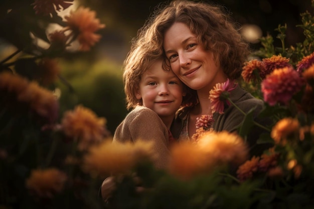 Een vrouw en een kind knuffelen in een bloemenveld.