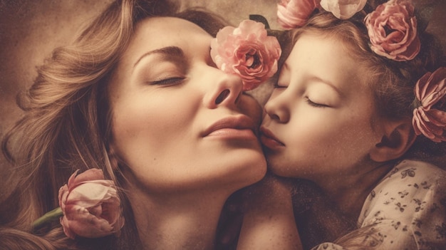 Foto een vrouw en een kind kussen hun gezicht met bloemen erop.