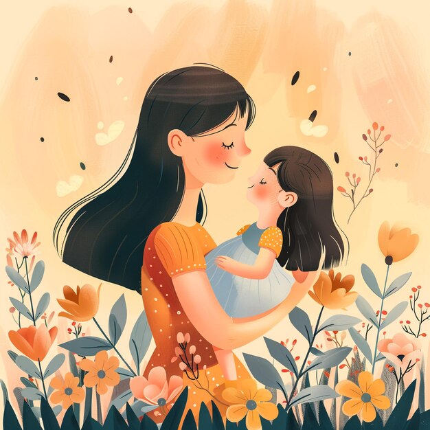 Een vrouw en een kind kussen in een tuin.