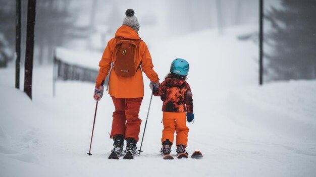 Een vrouw en een kind op ski's in oranje skikleding