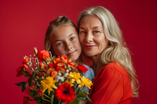 een vrouw en een kind poseren voor een foto met bloemen