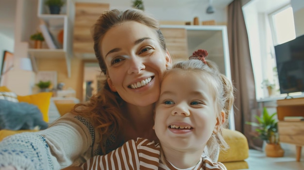 een vrouw en een kind poseren voor een foto met de woorden gelukkig aan de voorkant