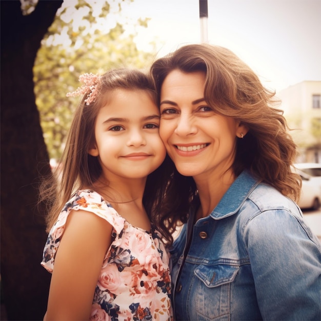 Foto een vrouw en een kind poseren voor een foto met een boom op de achtergrond.