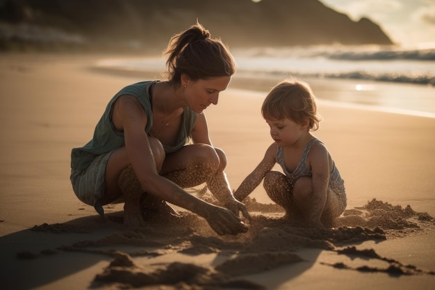 Een vrouw en een kind spelen in het zand op een strand