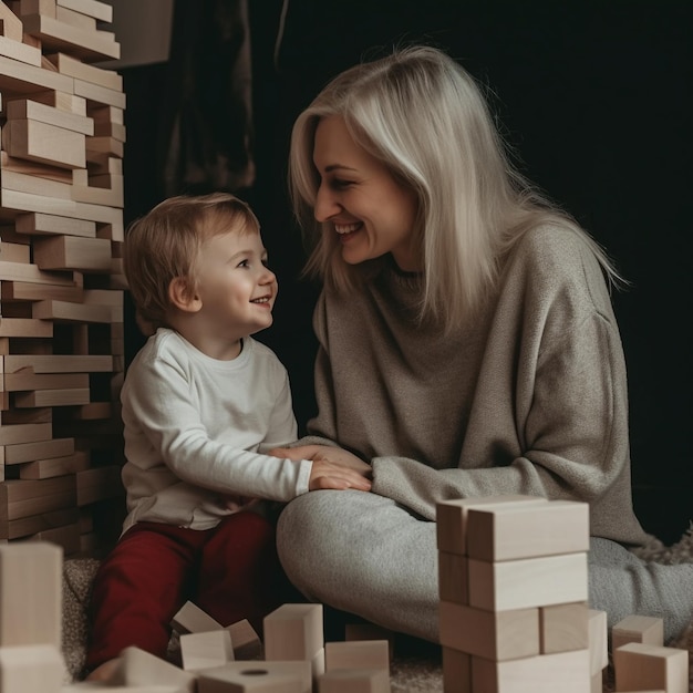 een vrouw en een kind spelen met blokken blokken