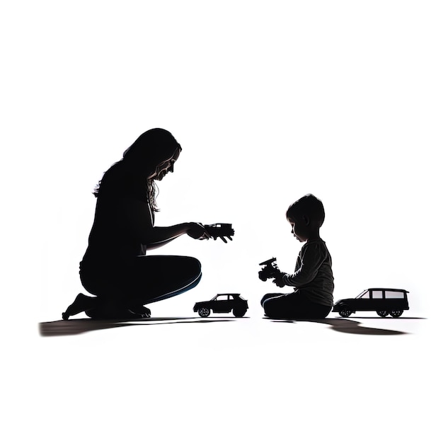 Een vrouw en een kind spelen met een speelgoedwagen.