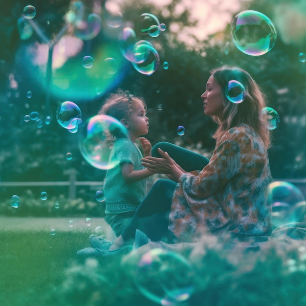 Foto een vrouw en een kind spelen met zeepbellen generatieve ai beeld