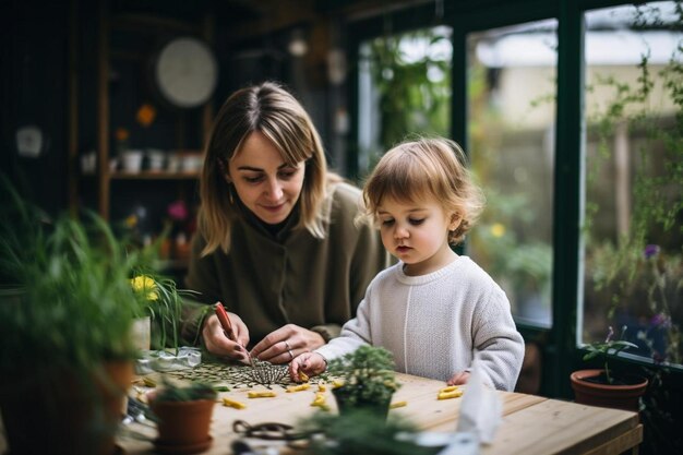 een vrouw en een kind werken aan planten