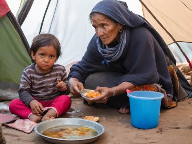 een vrouw en een kind zitten buiten een tent met eten