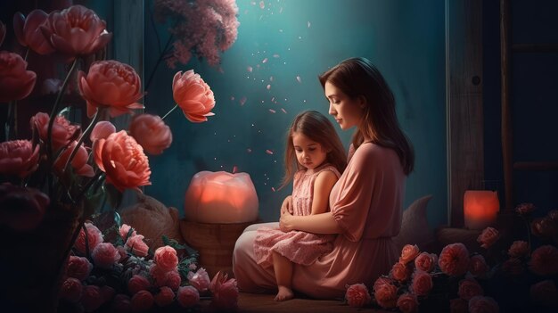 Een vrouw en een kind zitten voor een bloemstuk