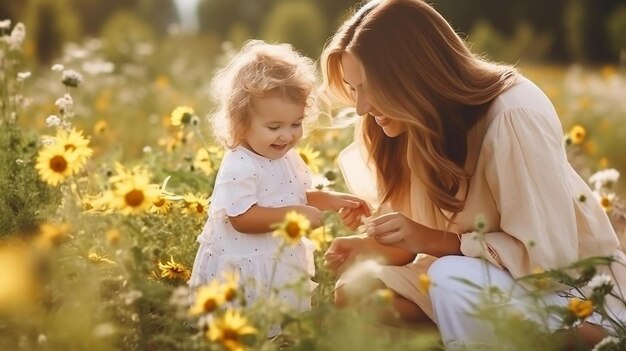 Foto een vrouw en een klein meisje in een veld met bloemen