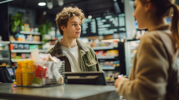 Foto een vrouw en een man bij een toonbank in een supermarkt