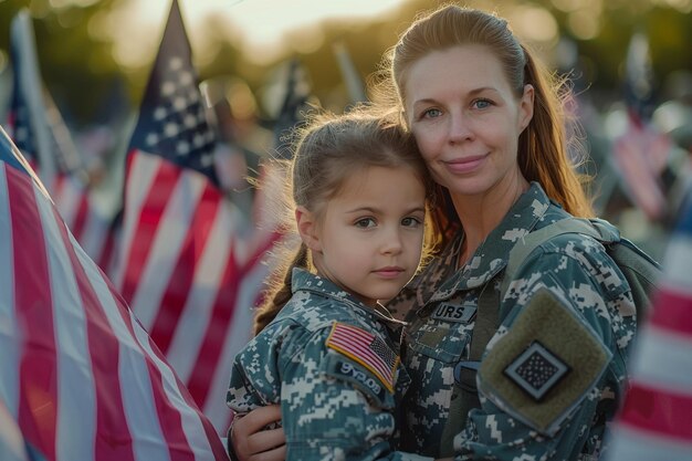 Een vrouw en een meisje houden een Amerikaanse vlag vast.