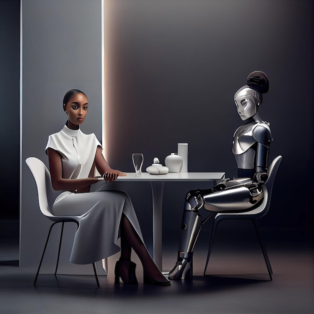 Een vrouw en een robot zitten aan een tafel