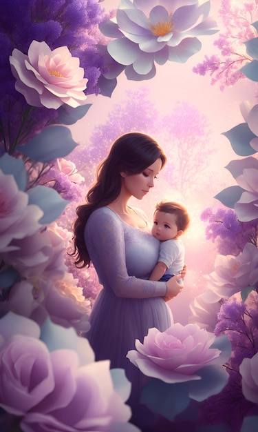 Foto een vrouw en haar baby in een bloemenveld