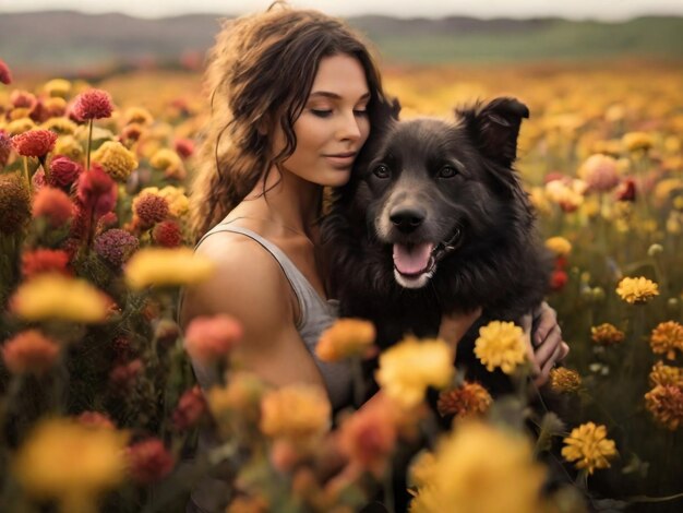 een vrouw en haar hond zijn in een veld van bloemen