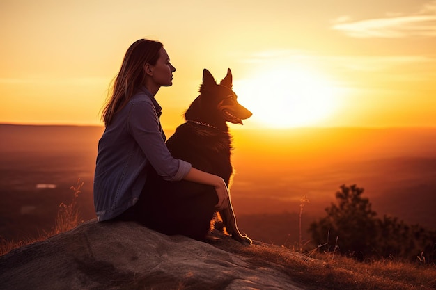 Een vrouw en haar hond zitten bij zonsondergang op een rots