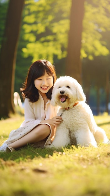 een vrouw en haar hond zitten in het gras