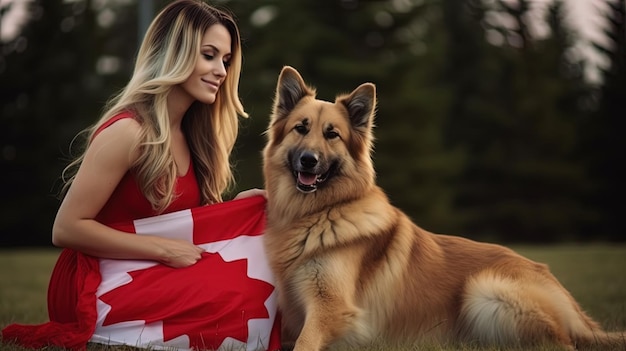 Een vrouw en haar hond zitten op het gras met een Canadese vlag op de rug