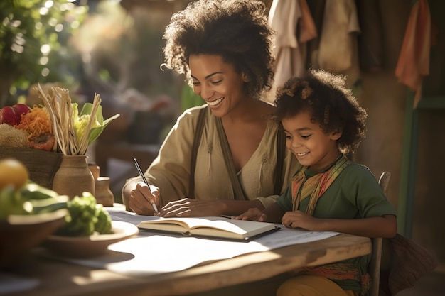 Een vrouw en haar kind zitten aan een tafel, beiden glimlachend en kijkend naar een boek.