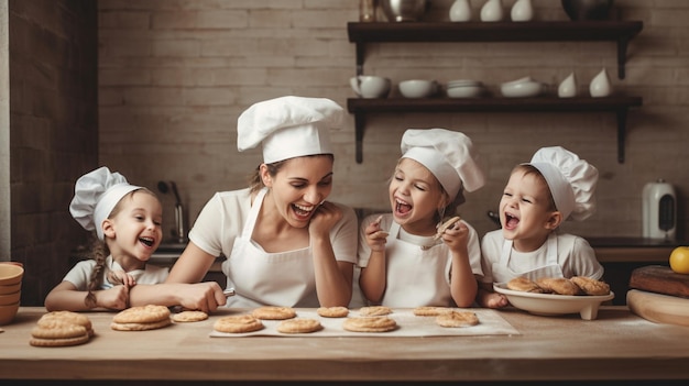Een vrouw en kinderen in een keuken met een koksmuts en schorten
