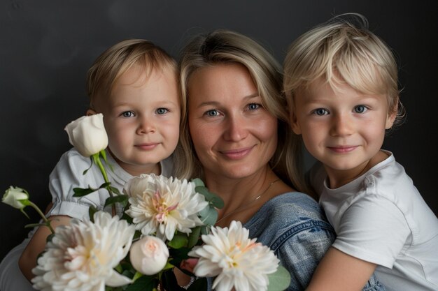een vrouw en twee kinderen poseren met een boeket bloemen