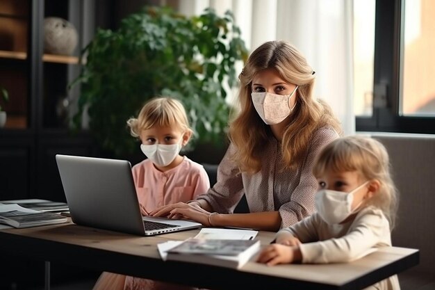 Een vrouw en twee kinderen zitten aan een tafel met een laptop