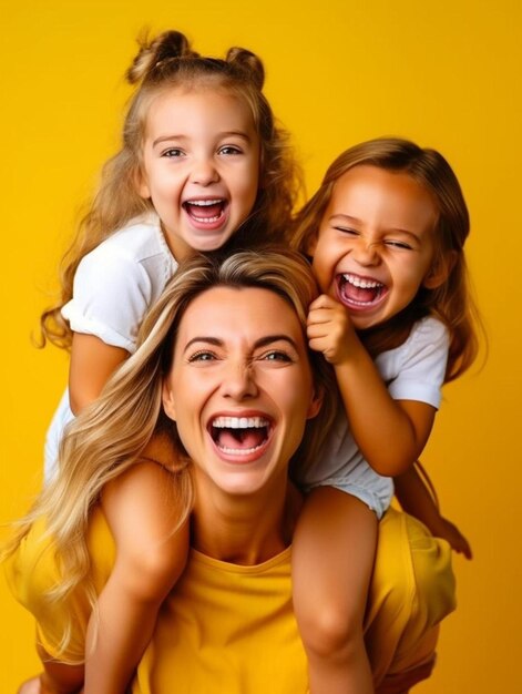een vrouw en twee kleine meisjes lachen