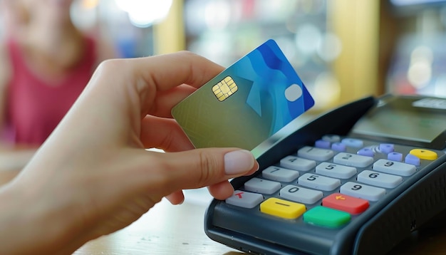 Een vrouw gebruikt een creditcard om iets te betalen in een winkel door een door AI gegenereerde afbeelding