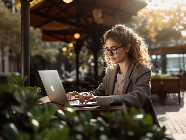 een vrouw gebruikt een laptop op een terrasje