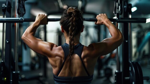 Een vrouw gebruikt een machine in de sportschool om haar rugspieren te trainen