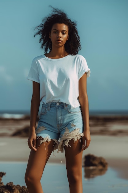 Een vrouw, gekleed in een wit overhemd en een blauwe spijkerbroek, staat op een strand