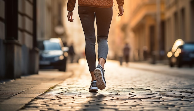 Een vrouw, gekleed in leggings en sneakers, straatstijl, een stadsstraat, een vrouw die door de straat loopt