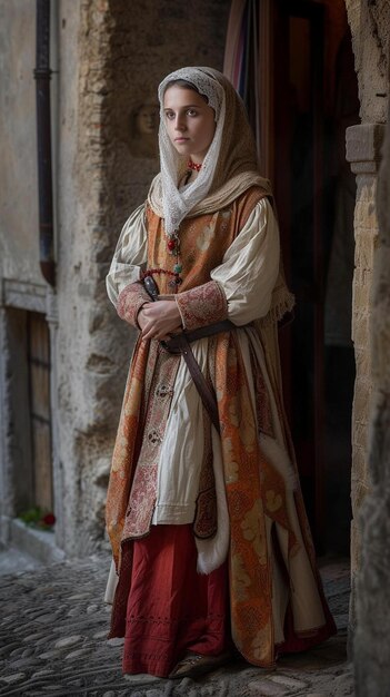 een vrouw gekleed in middeleeuwse kleding die in een deuropening staat