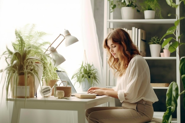 Een vrouw geniet van de voordelen van afstandswerk omdat ze haar taken moeiteloos vanuit het comfort van haar huis voltooit