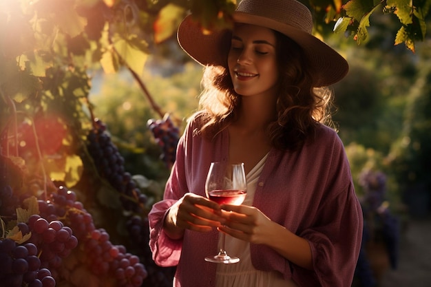 Een vrouw geniet van een glas druivensap in een zonnige tuin