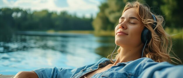 Een vrouw geniet van een vakantie bij het meer naast het dek met een grote lege ruimte voor tekst Generatieve AI