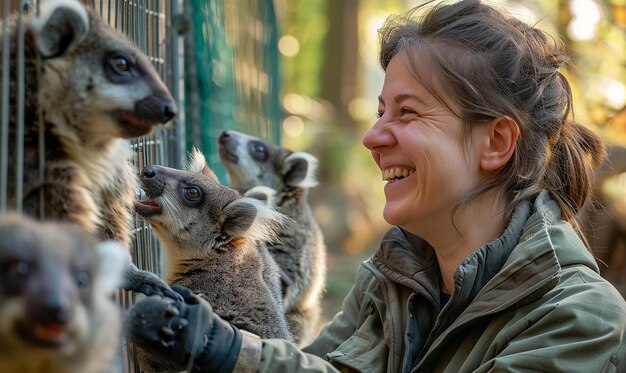 Foto een vrouw glimlacht achter een hek met verschillende koala's