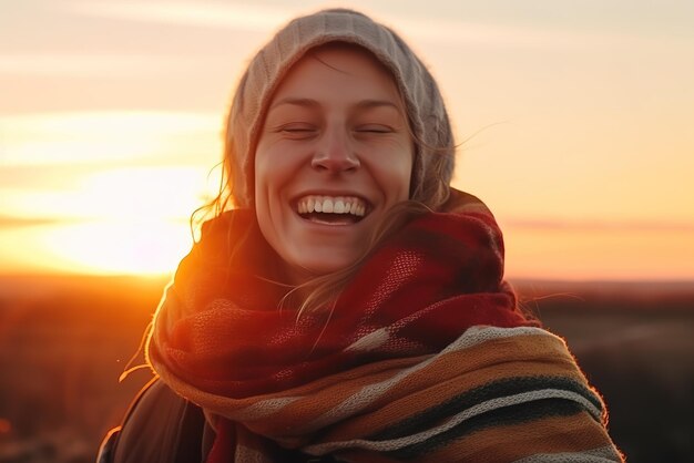 Een vrouw glimlacht bij de zonsondergang in Duitsland