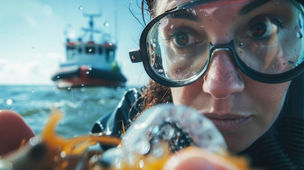 Foto een vrouw glimlacht en gebaren terwijl hij een kreeft vasthoudt bij een boot op het water aig