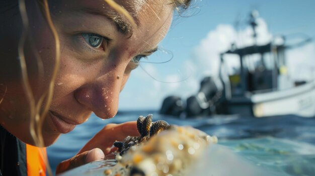 Foto een vrouw glimlacht en gebaren terwijl hij een kreeft vasthoudt bij een boot op het water aig