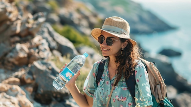 Een vrouw glimlacht en houdt een fles water vast.