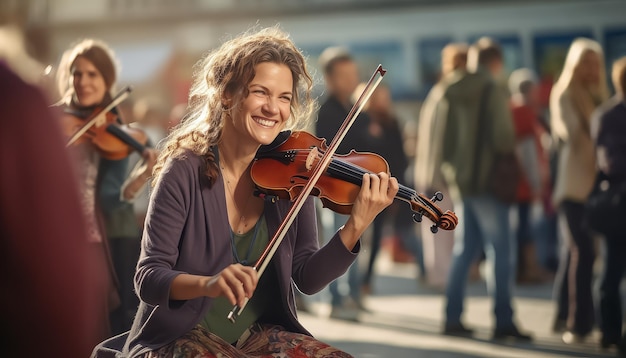 Foto een vrouw glimlacht en houdt een viool vast.