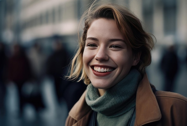 Een vrouw glimlacht naar de camera in een stad.