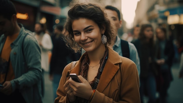 Een vrouw glimlacht naar haar telefoon terwijl ze in een drukke straat staat.