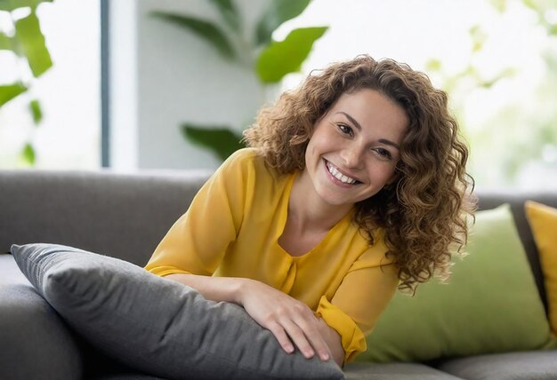 een vrouw glimlacht op een bank met een groene plant op de achtergrond